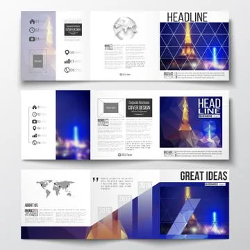 Set of tri-fold brochures, square design templates. Dark polygonal background 库存插图