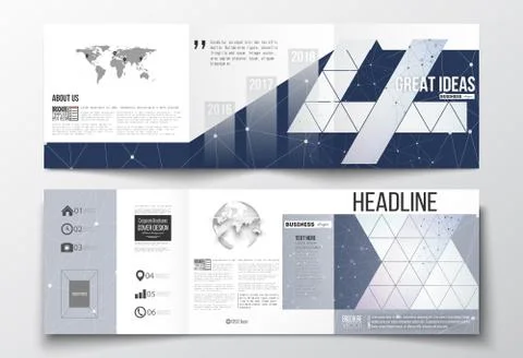 Set of tri-fold brochures, square design templates. Polygonal low poly backdrop Stock Illustration