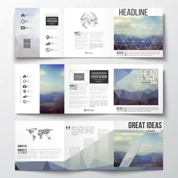Set of tri-fold brochures, square design templates. Abstract colorful polygonal 스톡 일러스트