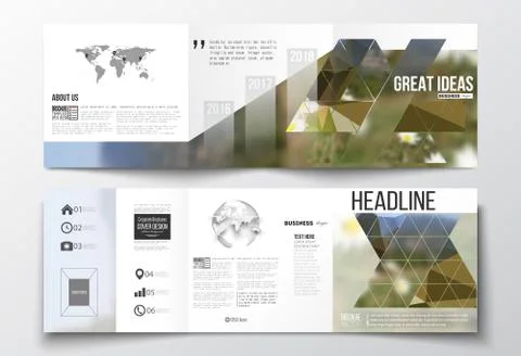 Set of tri-fold brochures, square design templates. Summer landscape. Colorful イラスト素材