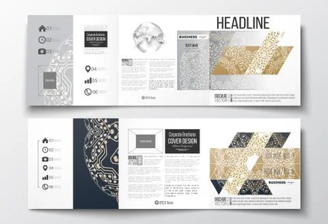 Set of tri-fold brochures, square design templates. Golden microchip pattern Stock Illustration