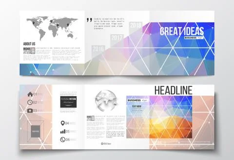 Set of tri-fold brochures, square design templates. Abstract colorful polygonal 스톡 일러스트