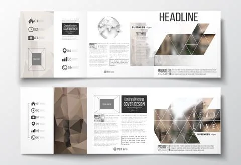 Set of tri-fold brochures, square design templates. Polygonal background 스톡 일러스트