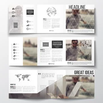 Set of tri-fold brochures, square design templates. Polygonal background Stock Illustration