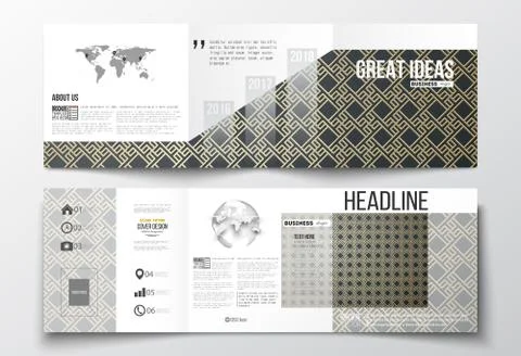 Set of tri-fold brochures, square design templates. Islamic gold pattern with Stock Illustration
