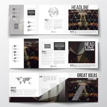Set of tri-fold brochures, square design templates. Dark polygonal background Ilustración de archivo