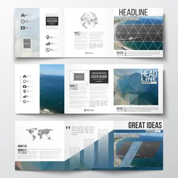 Set of tri-fold brochures, square design templates. Colorful polygonal backdrop イラスト素材