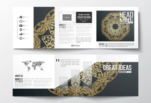 Set of tri-fold brochures, square design templates. Golden microchip pattern on イラスト素材