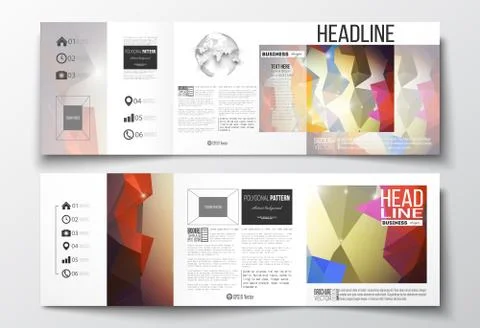 Set of tri-fold brochures, square design templates. Abstract colorful polygonal Stock Illustration