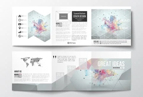 Set of tri-fold brochures, square design templates. Molecular construction with Illustrazione stock