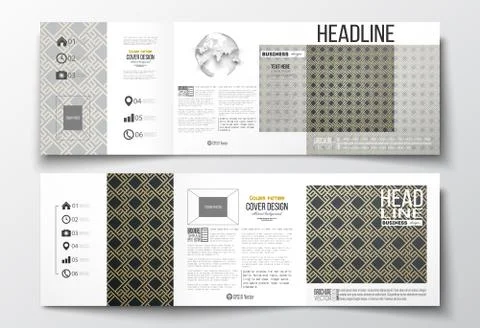 Set of tri-fold brochures, square design templates. Islamic gold pattern with Stock Illustration