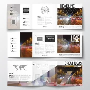 Set of tri-fold brochures, square design templates. Dark polygonal background イラスト素材