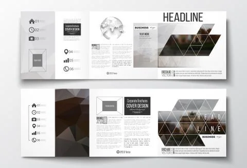 Set of tri-fold brochures, square design templates. Polygonal background Stock Illustration