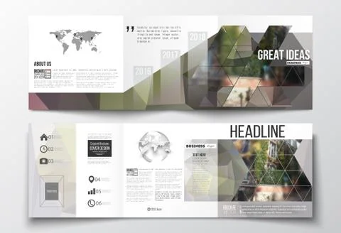 Set of tri-fold brochures, square design templates. Polygonal background 스톡 일러스트