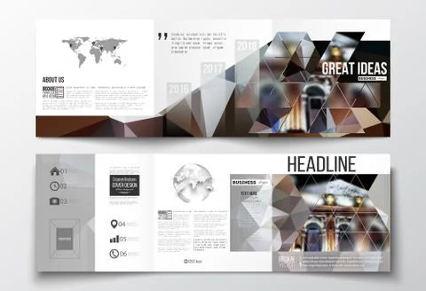 Set of tri-fold brochures, square design templates. Colorful polygonal Illustrazione stock
