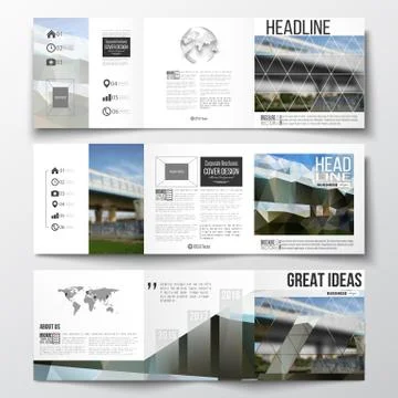 Set of tri-fold brochures, square design templates. Colorful polygonal 스톡 일러스트