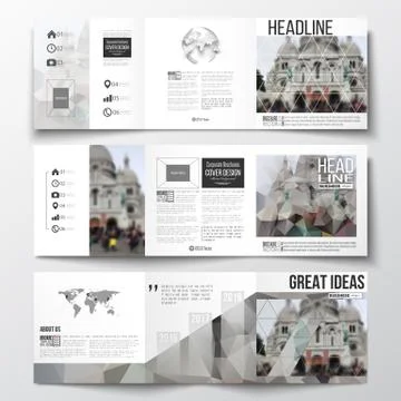 Set of tri-fold brochures, square design templates. Polygonal background Ilustración de archivo