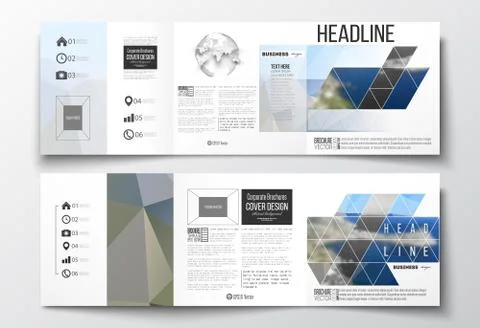 Set of tri-fold brochures, square design templates. Colorful polygonal backdrop 스톡 일러스트