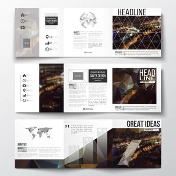 Set of tri-fold brochures, square design templates. Dark polygonal background 스톡 일러스트