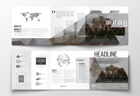 Set of tri-fold brochures, square design templates. Polygonal background 库存插图