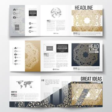 Set of tri-fold brochures, square design templates. Golden microchip pattern 스톡 일러스트