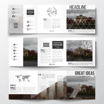 Set of tri-fold brochures, square design templates. Polygonal background 스톡 일러스트
