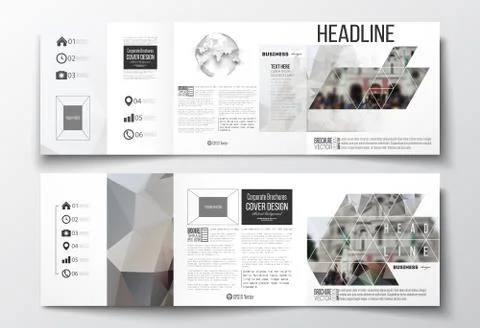 Set of tri-fold brochures, square design templates. Polygonal background Stock Illustration