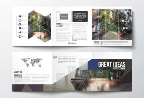 Set of tri-fold brochures, square design templates. Polygonal background Ilustración de archivo