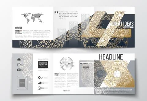 Set of tri-fold brochures, square design templates. Golden microchip pattern Stockillustratie