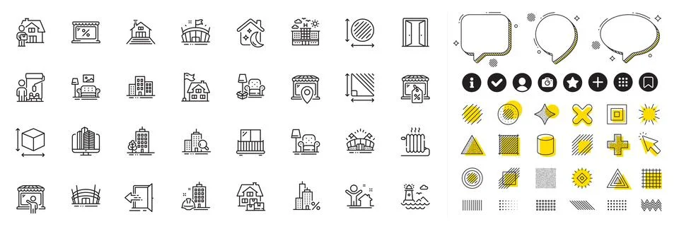 Set of Triangle area, Lighthouse and Buildings line icons for web app. Pictogram Stock Illustration