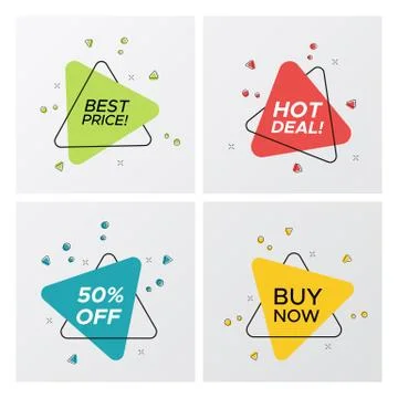 Set of triangle flat sale tags with particle blast Stock Illustration