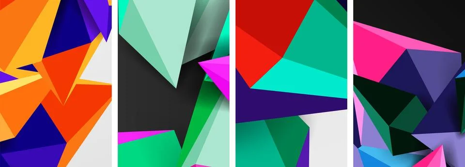 Set of triangle geometric low poly 3d shapes posters Stock Illustration