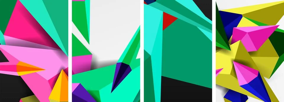 Set of triangle geometric low poly 3d shapes posters Stock Illustration