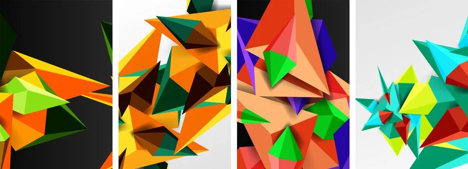 Set of triangle geometric low poly 3d shapes posters Stock Illustration
