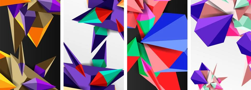 Set of triangle geometric low poly 3d shapes posters Stock Illustration