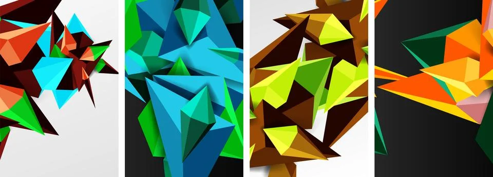 Set of triangle geometric low poly 3d shapes posters Stock Illustration