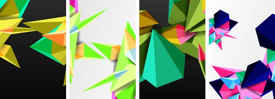 Set of triangle geometric low poly 3d shapes posters Stock Illustration