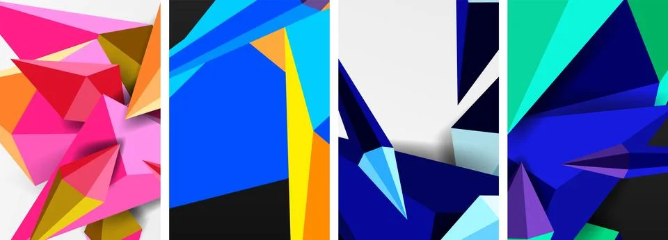 Set of triangle geometric low poly 3d shapes posters Stock Illustration