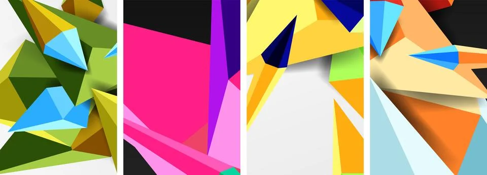 Set of triangle geometric low poly 3d shapes posters Stock Illustration