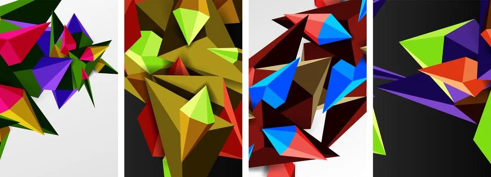 Set of triangle geometric low poly 3d shapes posters Stock Illustration
