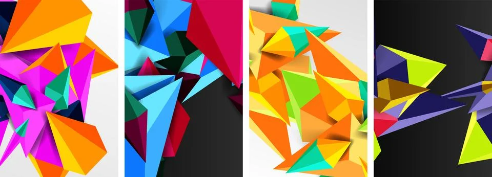 Set of triangle geometric low poly 3d shapes posters Stock Illustration