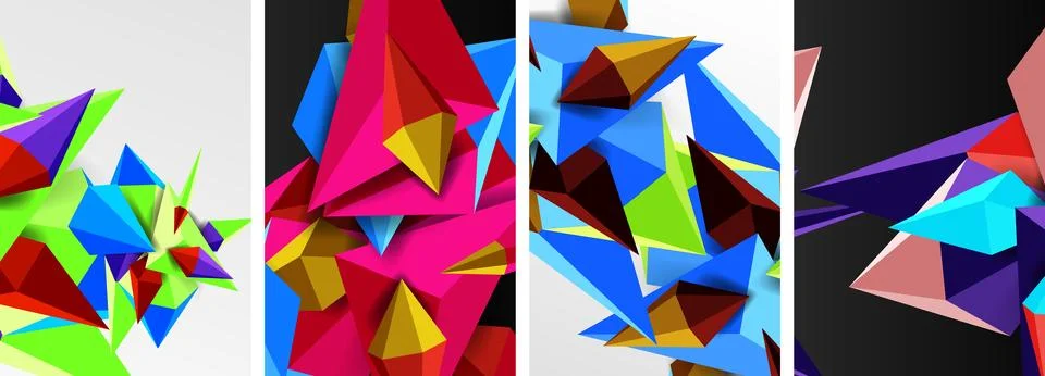 Set of triangle geometric low poly 3d shapes posters Stock Illustration