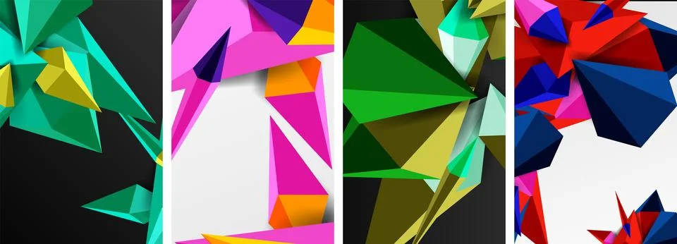 Set of triangle geometric low poly 3d shapes posters Stock Illustration