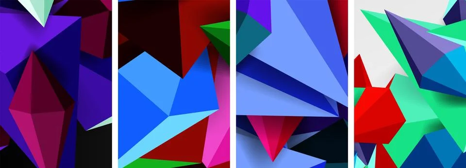 Set of triangle geometric low poly 3d shapes posters Stock Illustration
