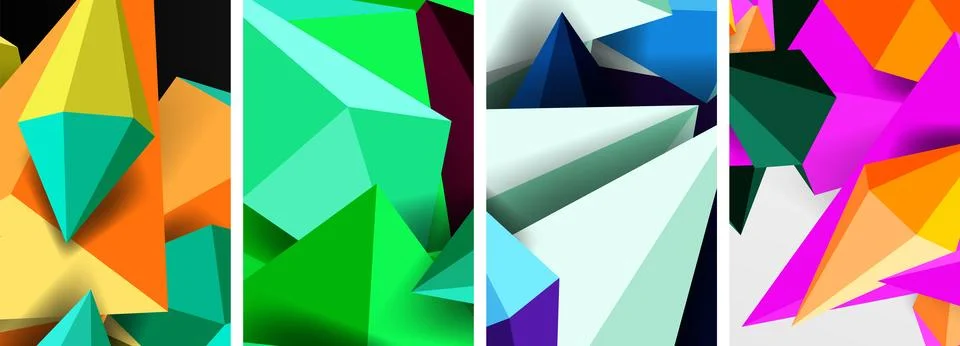 Set of triangle geometric low poly 3d shapes posters Stock Illustration