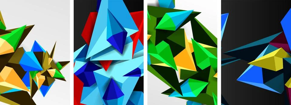 Set of triangle geometric low poly 3d shapes posters Stock Illustration