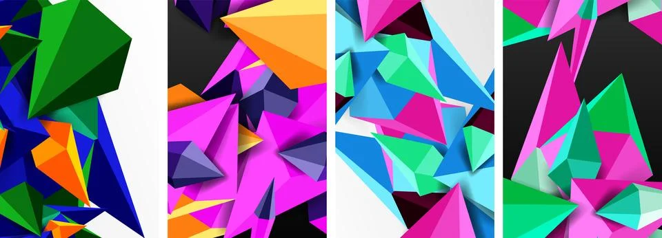 Set of triangle geometric low poly 3d shapes posters Stock Illustration