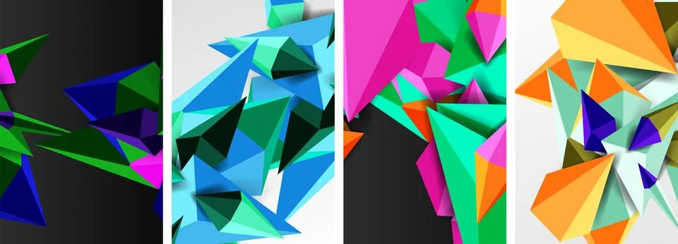 Set of triangle geometric low poly 3d shapes posters Stock Illustration