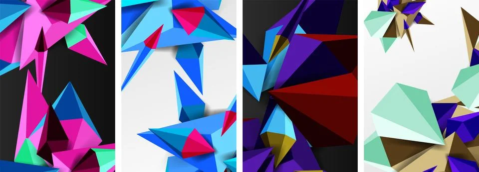 Set of triangle geometric low poly 3d shapes posters Stock Illustration