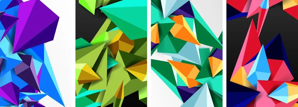 Set of triangle geometric low poly 3d shapes posters Stock Illustration